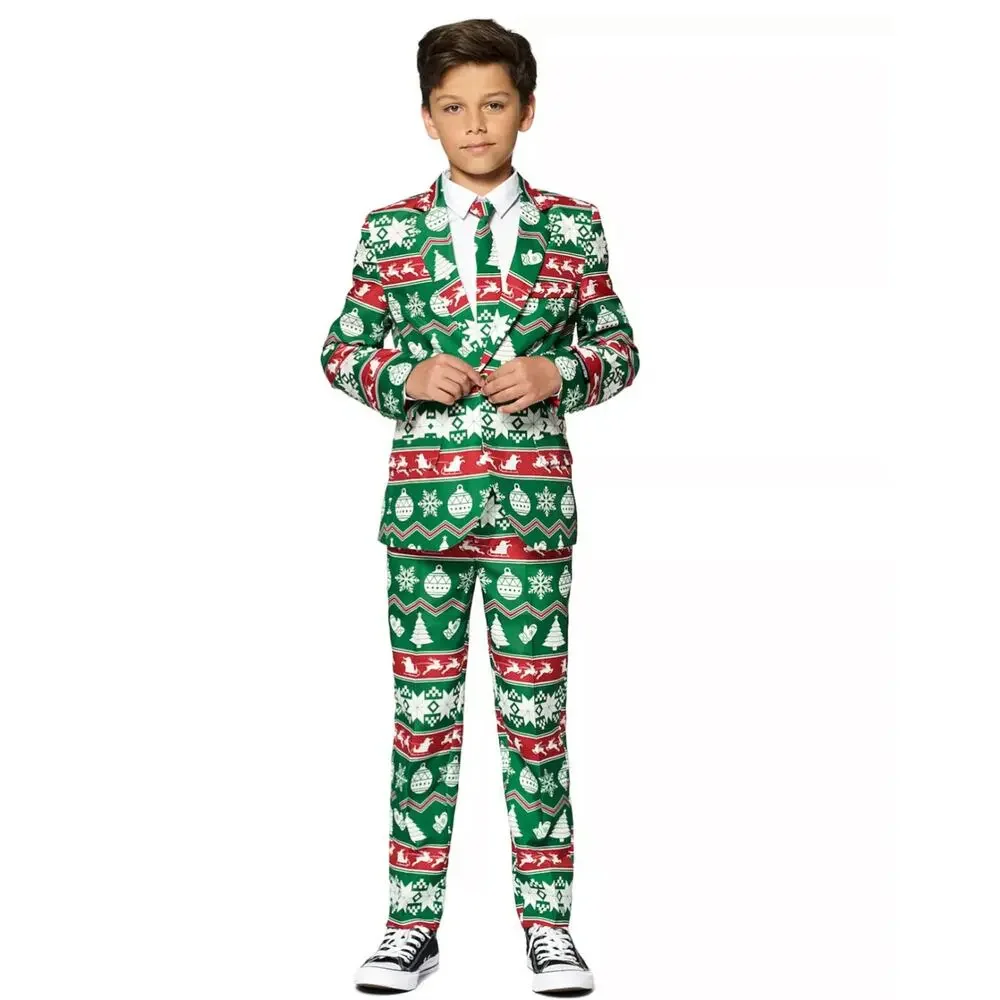 Suitmeister Boys Green Nordic Christmas 3 Piece Suit M NWOT